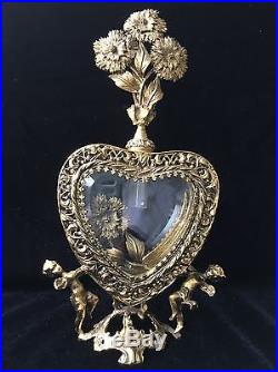 10.5 Vintage'HEART SHAPED' Ormolu Perfume Bottle with CHRYSANTHEMUMS & CHERUBS