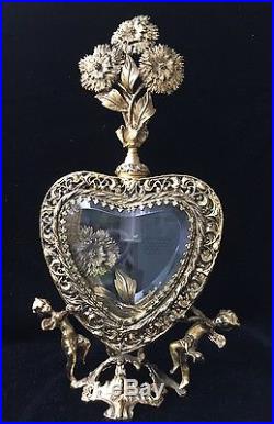 10.5 Vintage'HEART SHAPED' Ormolu Perfume Bottle with CHRYSANTHEMUMS & CHERUBS