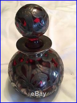 1800's Vintage Red Art Nouveau Alvin Glass with Sterling Silver overlay