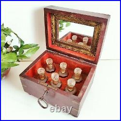 1920s Vintage 6 Perfume Bottles Handmade Rose Wood Box Brass Wire Work Complete