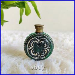 1920s Vintage Victorian Green Glass Embossed Design Perfume Bottle Brass Cap