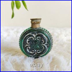 1920s Vintage Victorian Green Glass Embossed Design Perfume Bottle Brass Cap