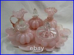 1940 Vintage Fenton Peach Pink Melon Vanity Set, Vase, Pitcher, Perfume and TRAY