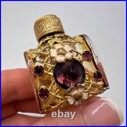 1980 Vintage Czech Bohemia Glass Perfume Flask Bottle Filigree Gilt Plated