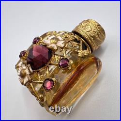 1980 Vintage Czech Bohemia Glass Perfume Flask Bottle Filigree Gilt Plated