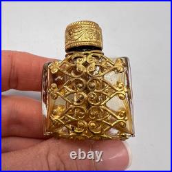 1980 Vintage Czech Bohemia Glass Perfume Flask Bottle Filigree Gilt Plated