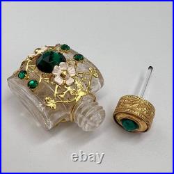 1980s Vintage Czech Bohemia Glass Perfume Bottle Filigree Gilt Plated