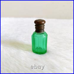 19c Vintage Old Victorian Light Green Emerald Cut Glass Perfume Bottle Brass Cap