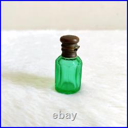 19c Vintage Old Victorian Light Green Emerald Cut Glass Perfume Bottle Brass Cap