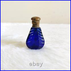 19c Vintage Victorian Cobalt Blue Cut Glass Perfume Bottle Brass Cap Decorative