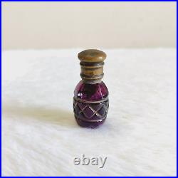 19c Vintage Victorian Golden Star Work Amethyst Glass Perfume Bottle Brass Cap