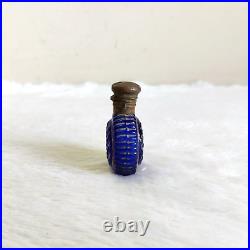 19c Vintage Victorian Golden Work Cobalt Blue Glass Perfume Bottle Collectible