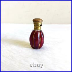 19c Vintage Victorian Red Glass Golden Work Perfume Bottle Brass Cap Decorative
