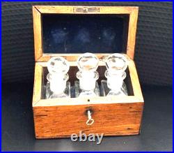 19th Century Wooden Perfume Box with 3 Bottles & Original Key Rich Patina