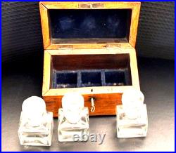 19th Century Wooden Perfume Box with 3 Bottles & Original Key Rich Patina