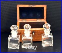 19th Century Wooden Perfume Box with 3 Bottles & Original Key Rich Patina