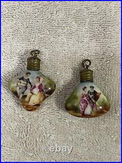 (2) Antique Chatelaine Perfume Scent Bottles. Porcelain. Couple walking/sitting