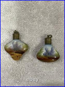 (2) Antique Chatelaine Perfume Scent Bottles. Porcelain. Couple walking/sitting