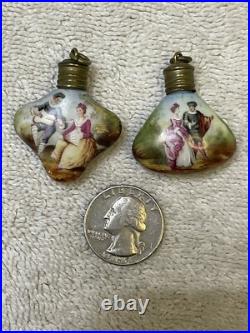(2) Antique Chatelaine Perfume Scent Bottles. Porcelain. Couple walking/sitting