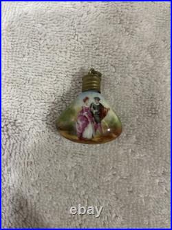 (2) Antique Chatelaine Perfume Scent Bottles. Porcelain. Couple walking/sitting