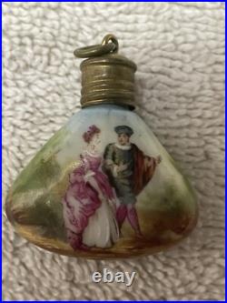 (2) Antique Chatelaine Perfume Scent Bottles. Porcelain. Couple walking/sitting