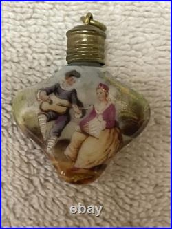 (2) Antique Chatelaine Perfume Scent Bottles. Porcelain. Couple walking/sitting