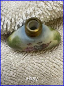 (2) Antique Chatelaine Perfume Scent Bottles. Porcelain. Couple walking/sitting