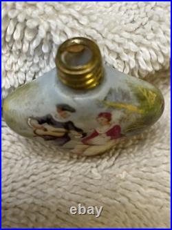 (2) Antique Chatelaine Perfume Scent Bottles. Porcelain. Couple walking/sitting