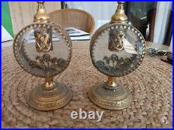 2 Beautiful Vintage Ornate Filigree Glass Brass Flower Rose Perfume Bottles