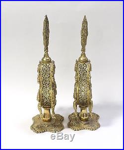 2 Gilt Metal Vintage Perfume Bottles Ornate Fillagree Glass Daubers Pair