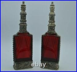 2 Handmade Moroccan Perfume Bottle Red Glass vintage collectable antique decor