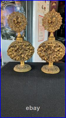2 Stunning Vintage Filigree Brass Perfume Holder with Dabber and Bottles