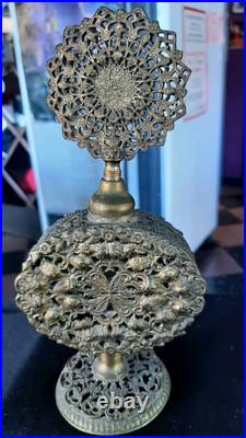 2 Stunning Vintage Filigree Brass Perfume Holder with Dabber and Bottles