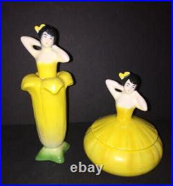 2 VINTAGE Porcelain Coronet Germany 30s ART DECO Lady Perfume Bottle Trinket Box