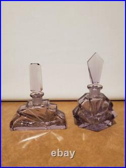 2 Vintage Art Deco Amethyst Purple Art Cut Glass Perfume Bottles Czechoslovakia