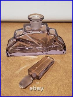 2 Vintage Art Deco Amethyst Purple Art Cut Glass Perfume Bottles Czechoslovakia