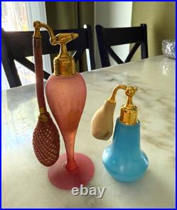 2 Vintage Glass Perfume Atomizer Bottles with Squeeze Bulbs Pink Frosted & Blue