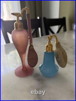 2 Vintage Glass Perfume Atomizer Bottles with Squeeze Bulbs Pink Frosted & Blue