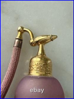 2 Vintage Glass Perfume Atomizer Bottles with Squeeze Bulbs Pink Frosted & Blue