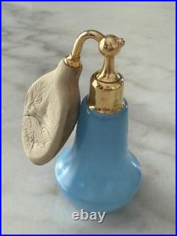 2 Vintage Glass Perfume Atomizer Bottles with Squeeze Bulbs Pink Frosted & Blue