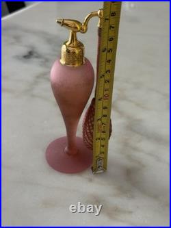 2 Vintage Glass Perfume Atomizer Bottles with Squeeze Bulbs Pink Frosted & Blue
