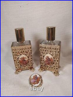 2 Vintage Ormolu Footed Perfume Bottles With Courting Couple Cameos Brooch As/Is