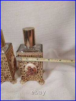 2 Vintage Ormolu Footed Perfume Bottles With Courting Couple Cameos Brooch As/Is