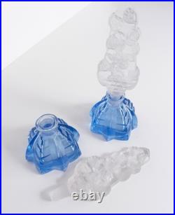 2 Vintage Signed CZECH Art Deco BLUE Crystal Perfume Bottles with Flower Stoppers
