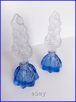 2 Vintage Signed CZECH Art Deco BLUE Crystal Perfume Bottles with Flower Stoppers