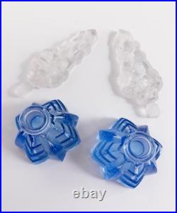 2 Vintage Signed CZECH Art Deco BLUE Crystal Perfume Bottles with Flower Stoppers