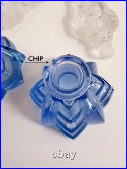 2 Vintage Signed CZECH Art Deco BLUE Crystal Perfume Bottles with Flower Stoppers