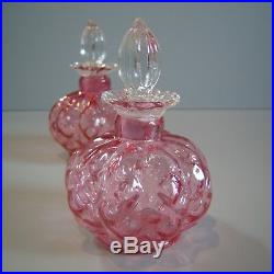 2 Vntg Antique Fenton Cranberry Diamond Optic Melon Perfume Bottles 1940s Vanity