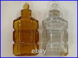 2pcs Cut Glass Amber & Clear Glass Perfume Bottles Rare Antique Vintage