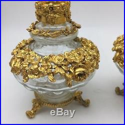 2pcs Large Antique Vintage Glass Ormolu Gilt Plated Perfume Bottle withStopper